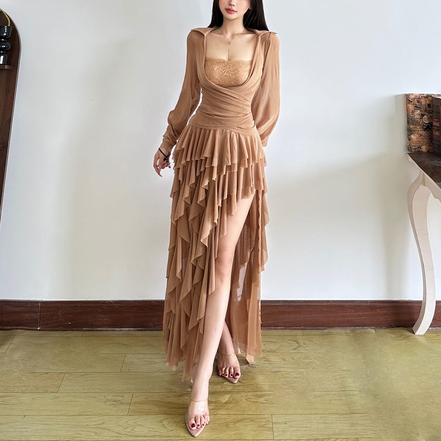 Plain Ruched Square-Neck Long-Sleeved Slim Top & Asymmetric Maxi Skirt