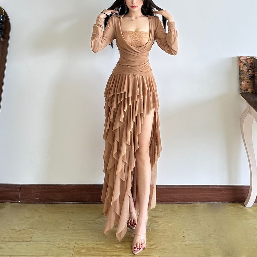 Plain Ruched Square-Neck Long-Sleeved Slim Top & Asymmetric Maxi Skirt