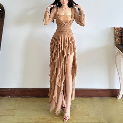 Plain Ruched Square-Neck Long-Sleeved Slim Top & Asymmetric Maxi Skirt
