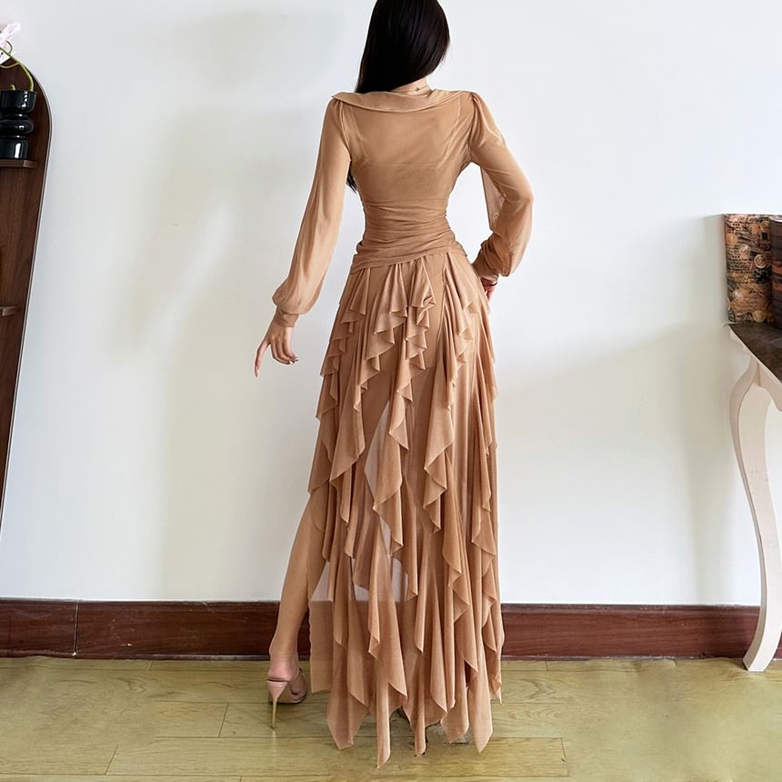 Plain Ruched Square-Neck Long-Sleeved Slim Top & Asymmetric Maxi Skirt