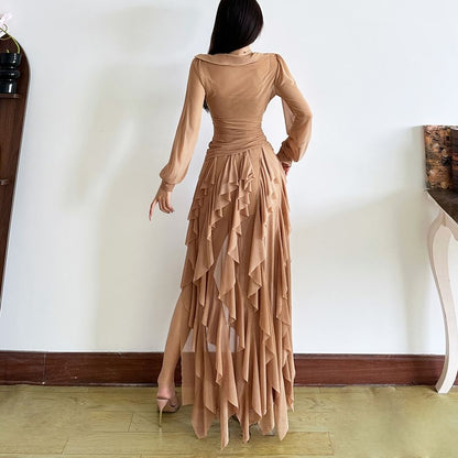Plain Ruched Square-Neck Long-Sleeved Slim Top & Asymmetric Maxi Skirt