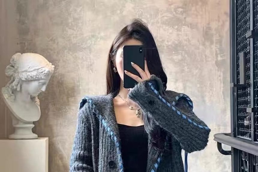 Melange Contrast Stitch Ribbed Collar Cardigan