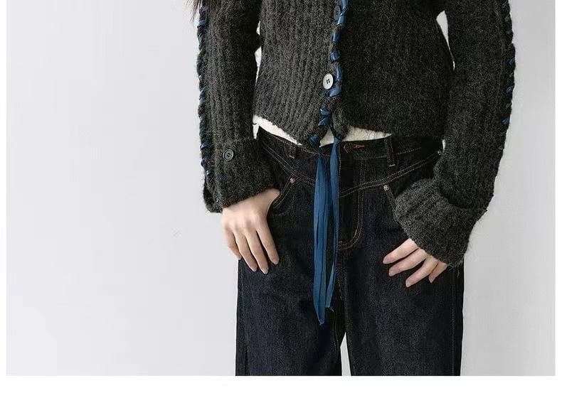 Melange Contrast Stitch Ribbed Collar Cardigan
