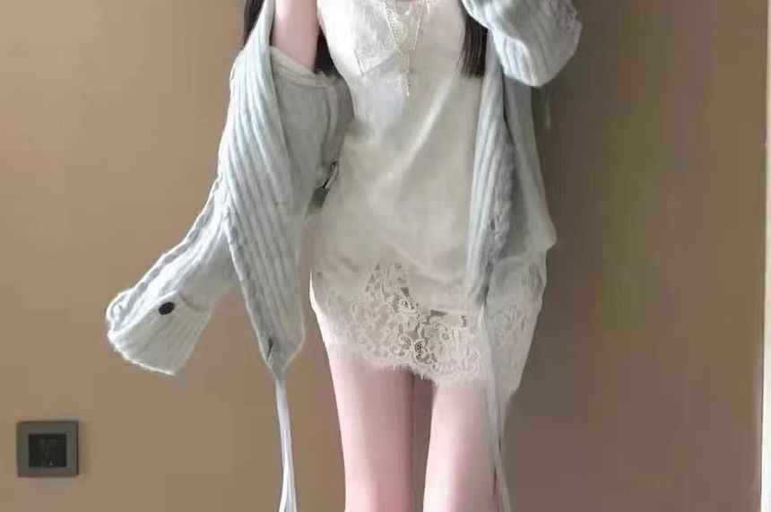 Melange Contrast Stitch Ribbed Collar Cardigan