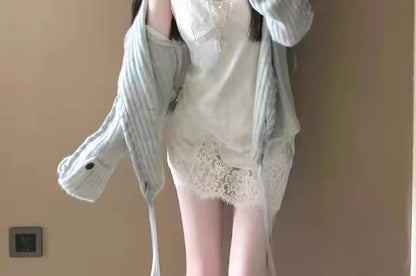Melange Contrast Stitch Ribbed Collar Cardigan