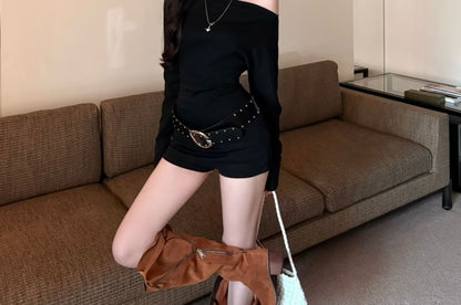 Slim Fit T-Shirt with Off-Shoulder, Long Sleeved, High Waist Skort Set