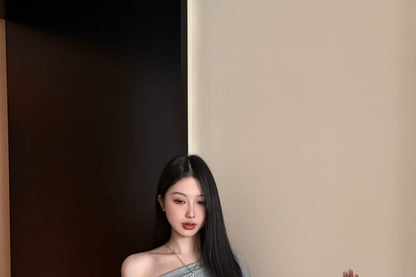 Slim Fit T-Shirt with Off-Shoulder, Long Sleeved, High Waist Skort Set