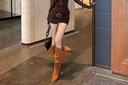 Slim Fit T-Shirt with Off-Shoulder, Long Sleeved, High Waist Skort Set
