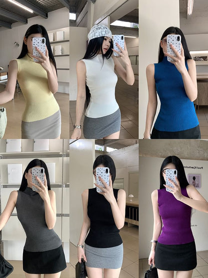 Ribbed Knit Tank Top with Mock Neck, Solid Color, Fitted