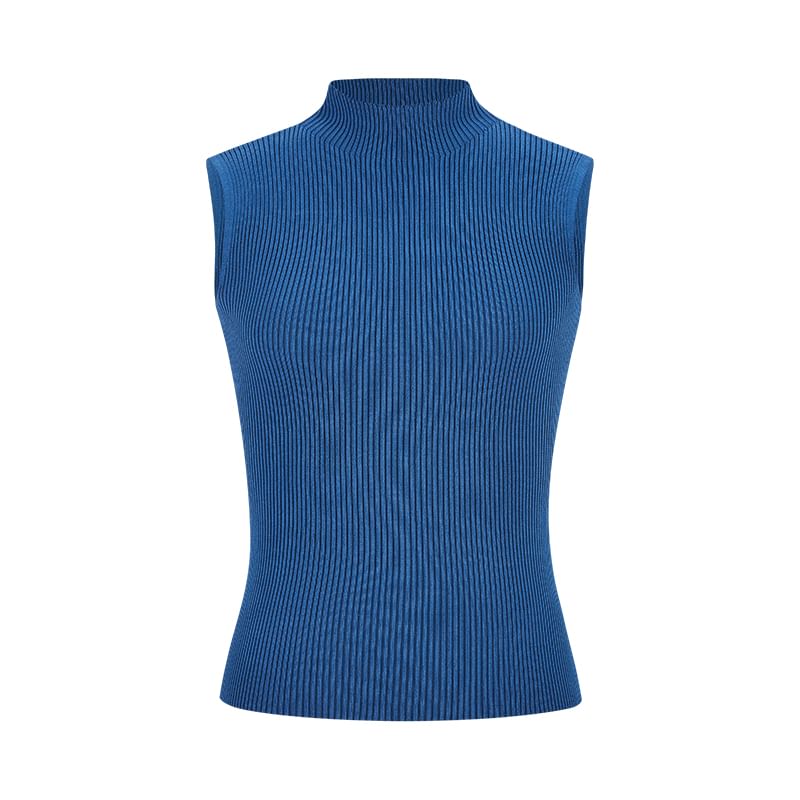Ribbed Knit Tank Top with Mock Neck, Solid Color, Fitted