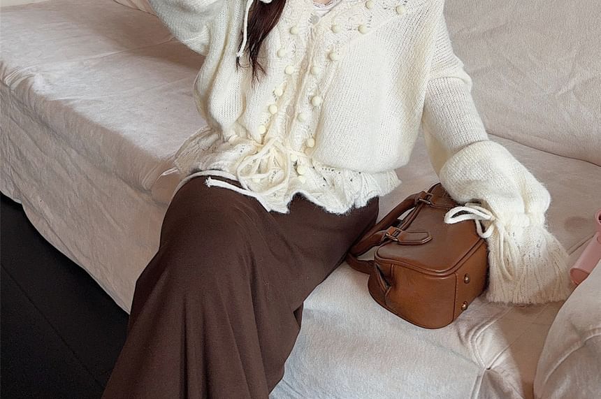 V-Neck Pom Pom Pointelle Cardigan