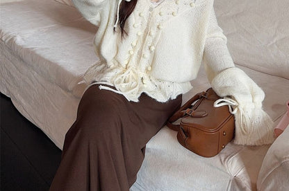 V-Neck Pom Pom Pointelle Cardigan