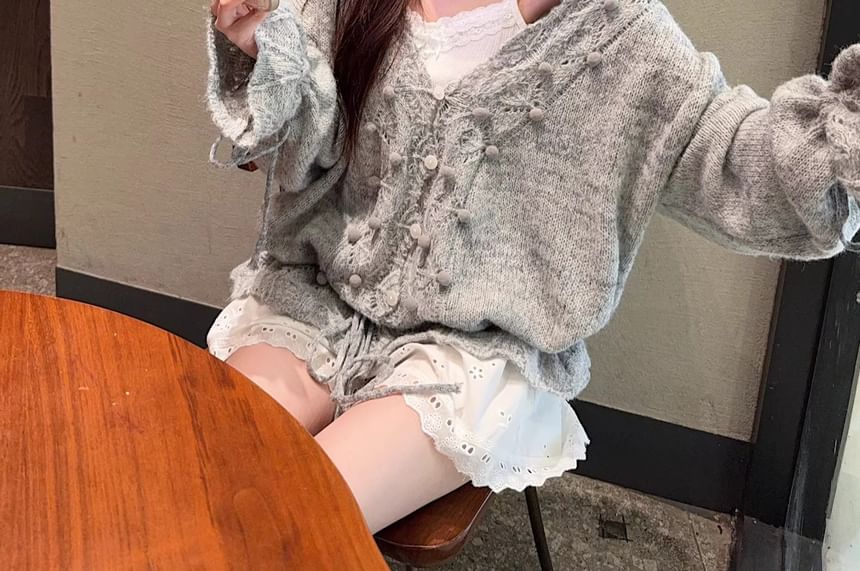 V-Neck Pom Pom Pointelle Cardigan