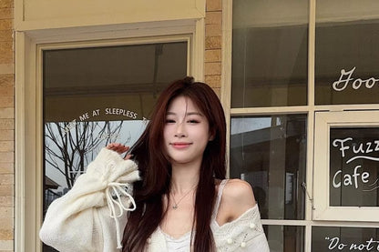 V-Neck Pom Pom Pointelle Cardigan