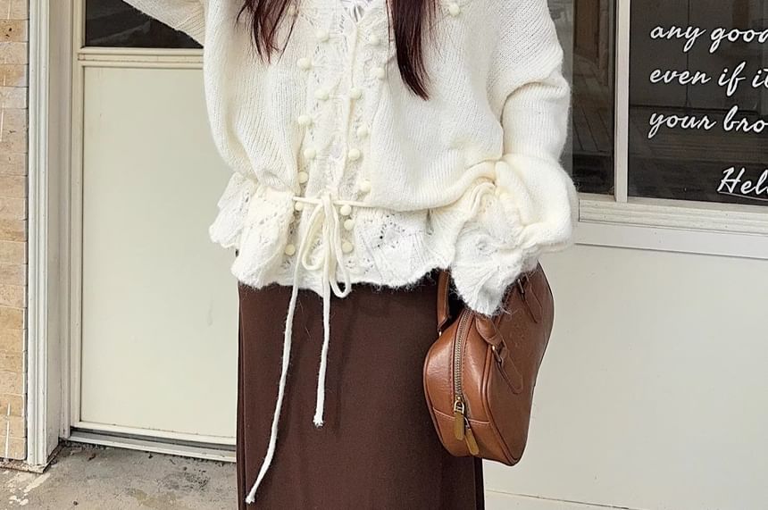 V-Neck Pom Pom Pointelle Cardigan