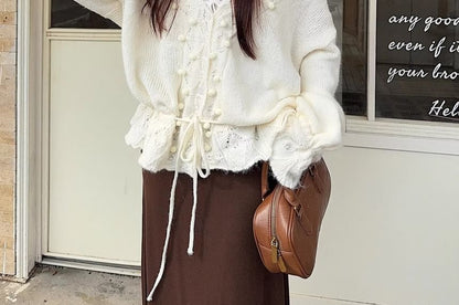 V-Neck Pom Pom Pointelle Cardigan