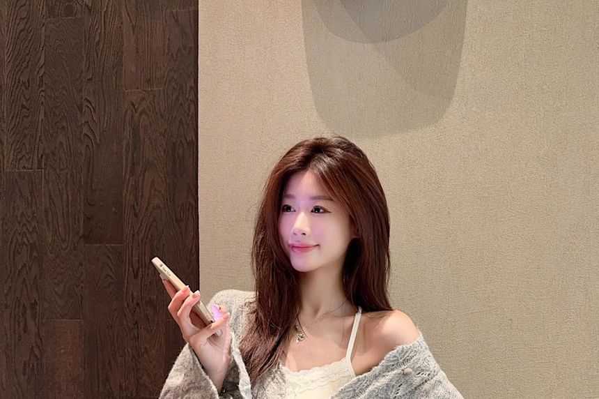 V-Neck Pom Pom Pointelle Cardigan