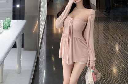 Knot Ruched Peplum Tube Top with Cardigan