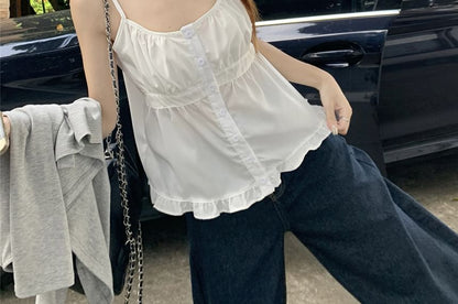 Ruffled Peplum Button Cami Top with Melange Cardigan