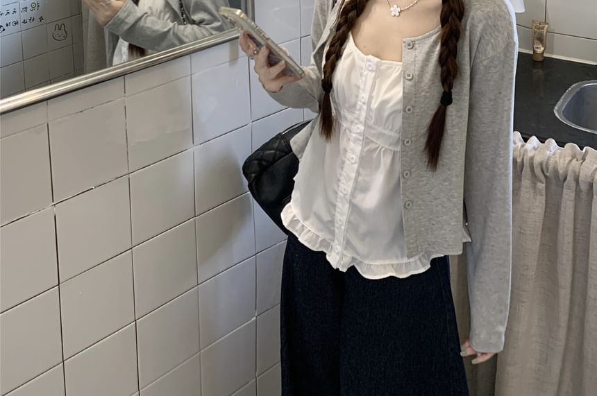 Ruffled Peplum Button Cami Top with Melange Cardigan