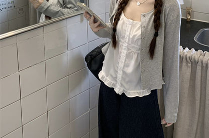 Ruffled Peplum Button Cami Top with Melange Cardigan