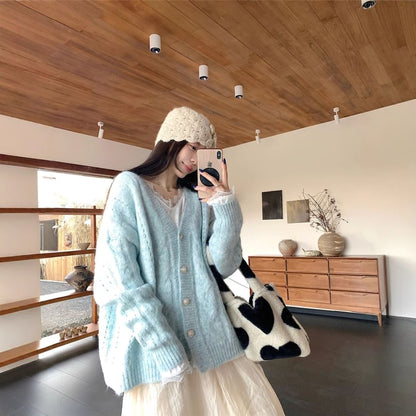 Long-Sleeve Lace Trim T-Shirt and V-Neck Pointelle Cardigan