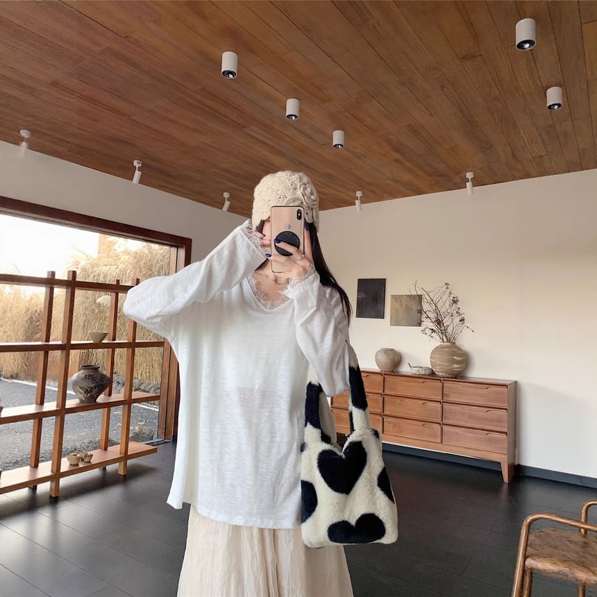 Long-Sleeve Lace Trim T-Shirt and V-Neck Pointelle Cardigan