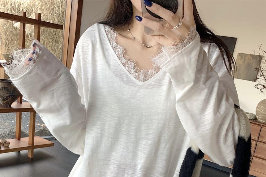 Long-Sleeve Lace Trim T-Shirt and V-Neck Pointelle Cardigan