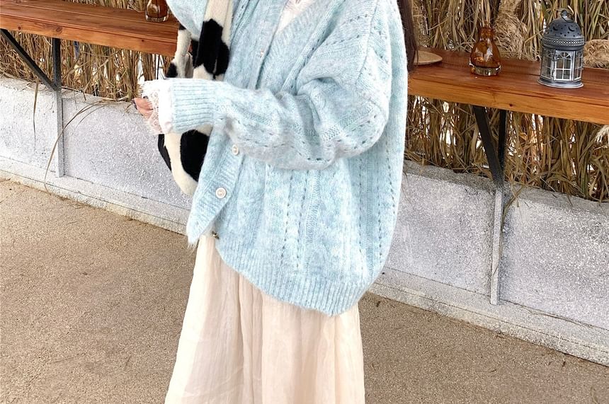 Long-Sleeve Lace Trim T-Shirt and V-Neck Pointelle Cardigan
