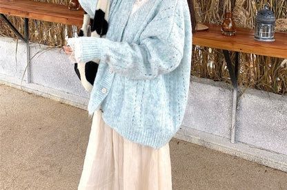 Long-Sleeve Lace Trim T-Shirt and V-Neck Pointelle Cardigan
