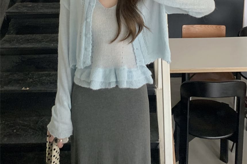 Round Neck Pointelle Cardigan Set with Ruffle Trim Knit Cami Top