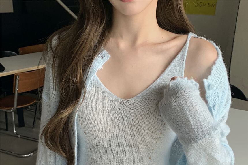 Round Neck Pointelle Cardigan Set with Ruffle Trim Knit Cami Top