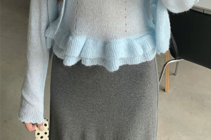Round Neck Pointelle Cardigan Set with Ruffle Trim Knit Cami Top