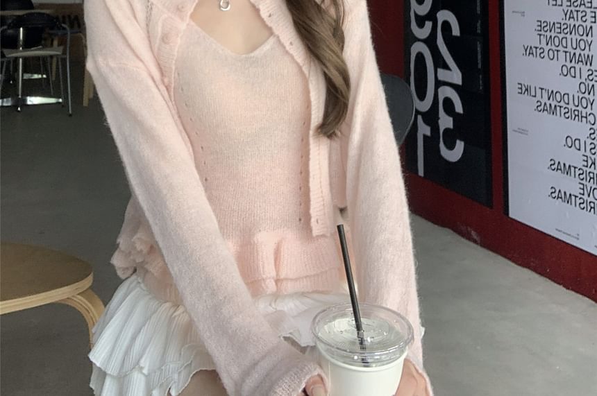Round Neck Pointelle Cardigan Set with Ruffle Trim Knit Cami Top