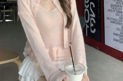 Round Neck Pointelle Cardigan Set with Ruffle Trim Knit Cami Top