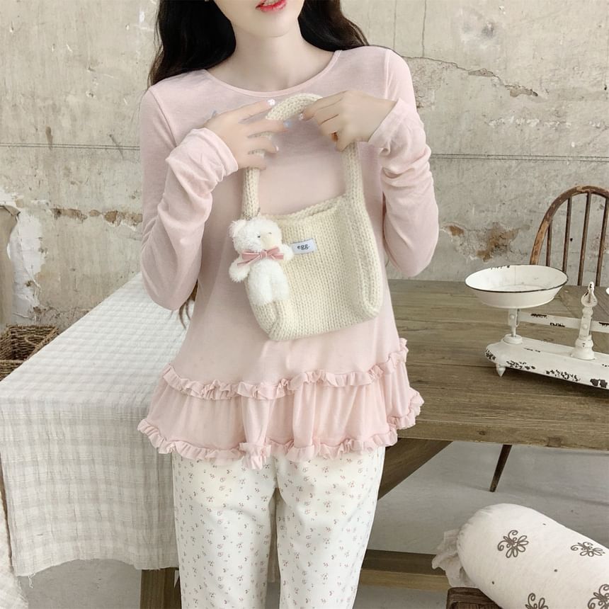 Ruffle Top with Round Neck, Long Sleeved, Solid Color