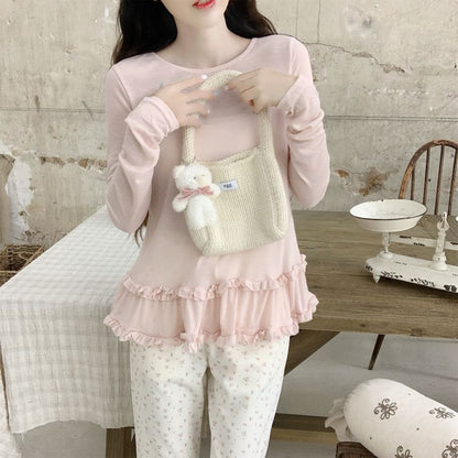 Ruffle Top with Round Neck, Long Sleeved, Solid Color