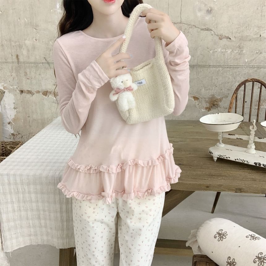 Ruffle Top with Round Neck, Long Sleeved, Solid Color