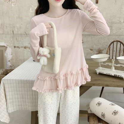 Ruffle Top with Round Neck, Long Sleeved, Solid Color