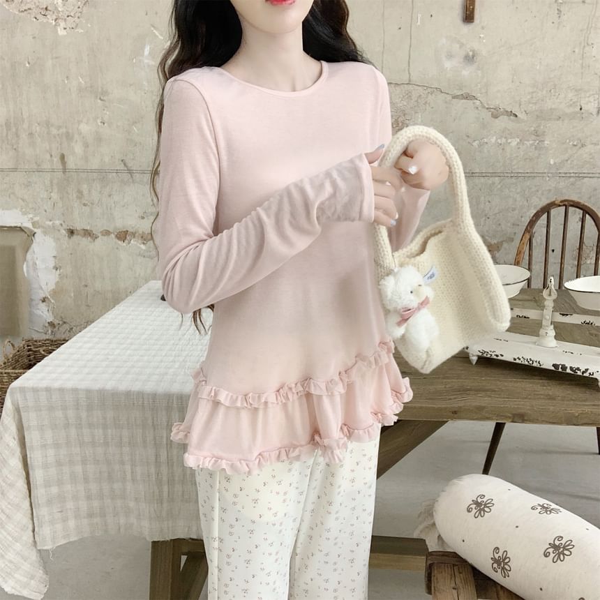 Ruffle Top with Round Neck, Long Sleeved, Solid Color
