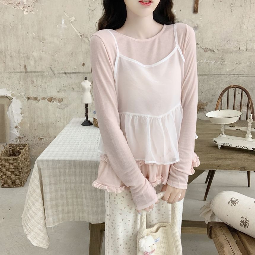 Ruffle Top with Round Neck, Long Sleeved, Solid Color