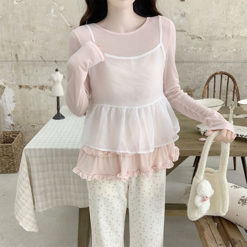 Ruffle Top with Round Neck, Long Sleeved, Solid Color