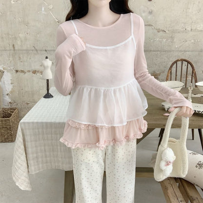 Ruffle Top with Round Neck, Long Sleeved, Solid Color