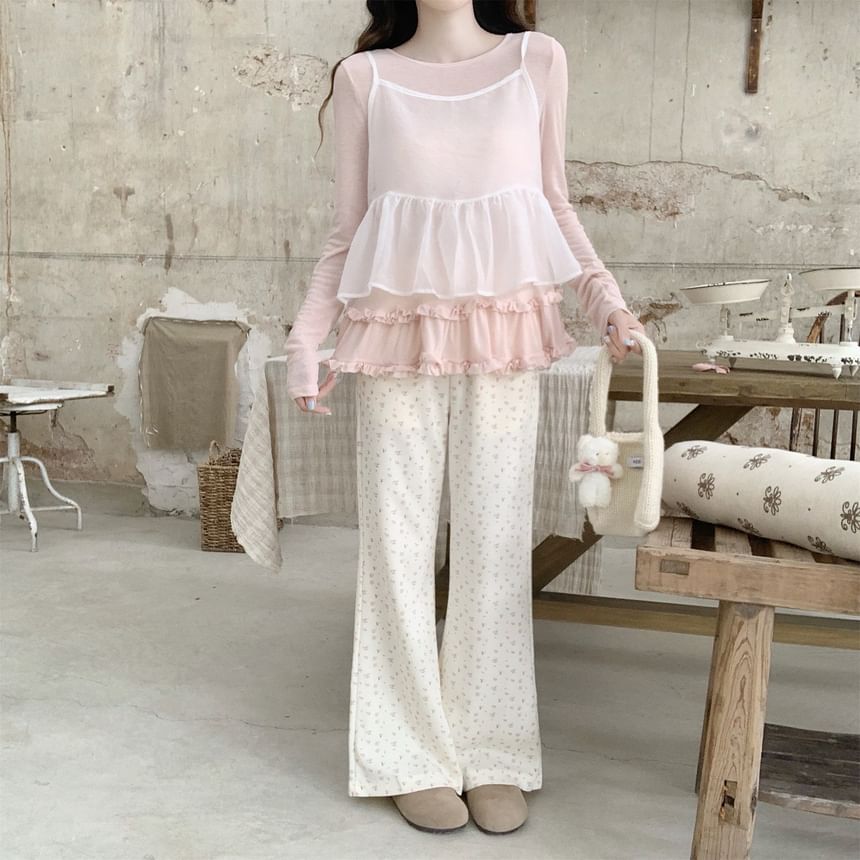 Ruffle Top with Round Neck, Long Sleeved, Solid Color