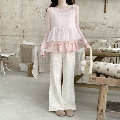 Ruffle Top with Round Neck, Long Sleeved, Solid Color