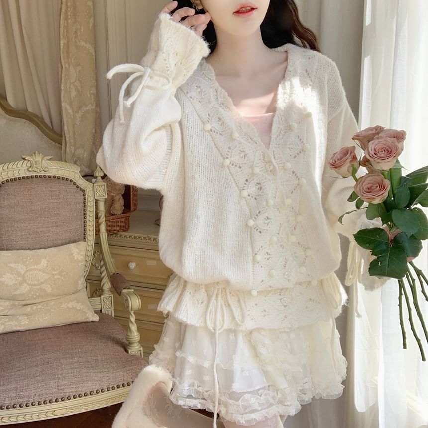 Pom Pom Crochet V-Neck Cardigan