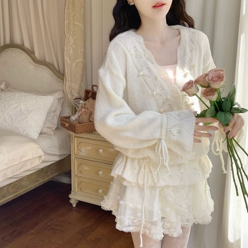 Pom Pom Crochet V-Neck Cardigan