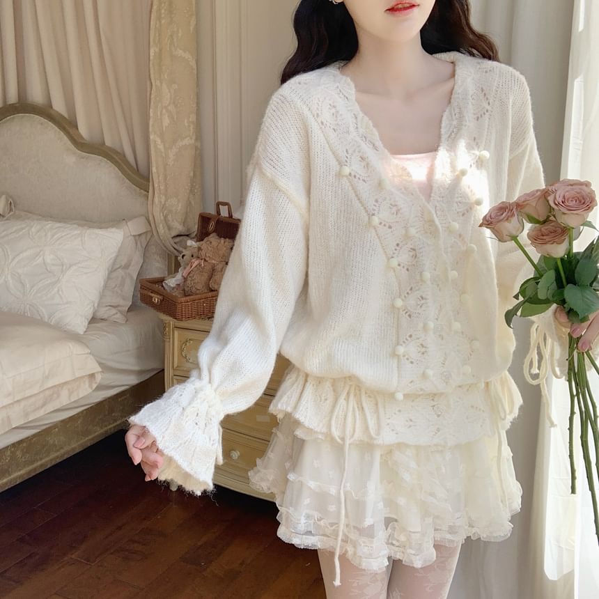 Pom Pom Crochet V-Neck Cardigan