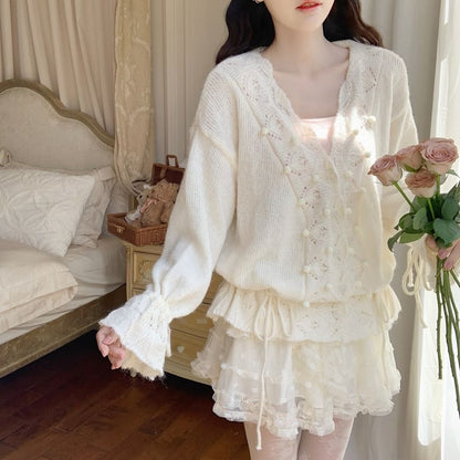 Pom Pom Crochet V-Neck Cardigan