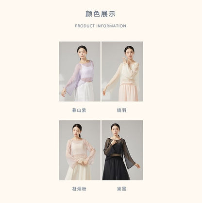 Sheer Boat-Neck Long-Sleeved Dance Top